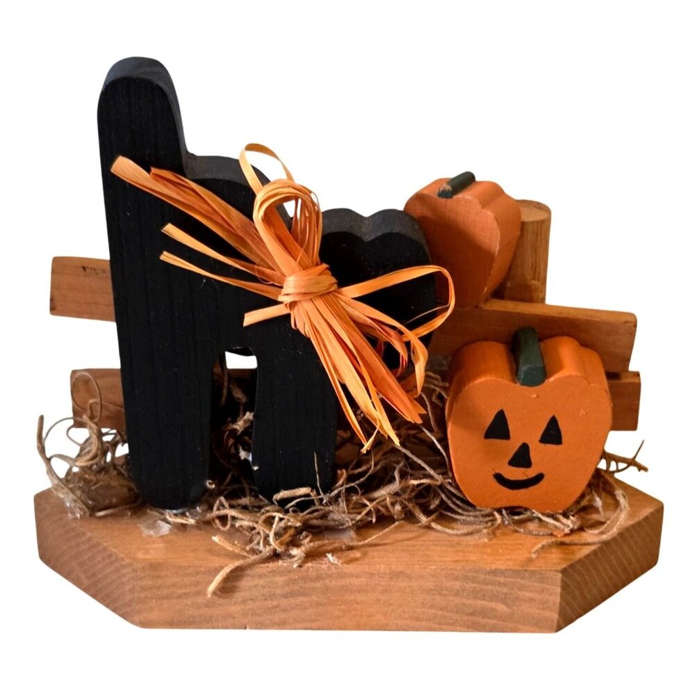 Halloween Wooden Cat & Pumpkin Decoration Decor Rustic Vintage Handmade